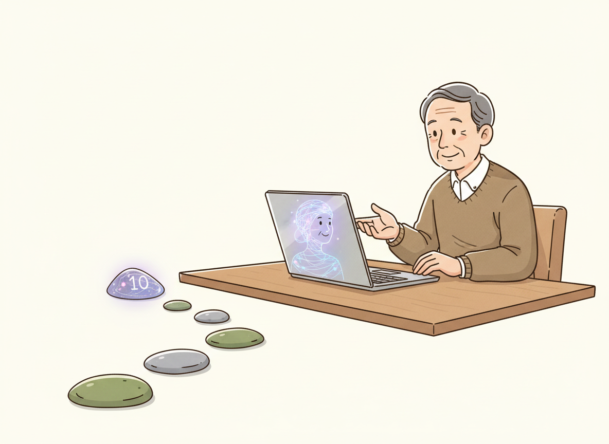 経験豊かな男性とAIが対話しながら考えを深めていく様子を表したイラスト