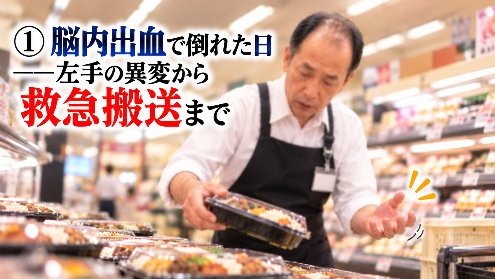 スーパーの惣菜売場で品出し中、左手に突然力が入らなくなった場面を表したイメージ