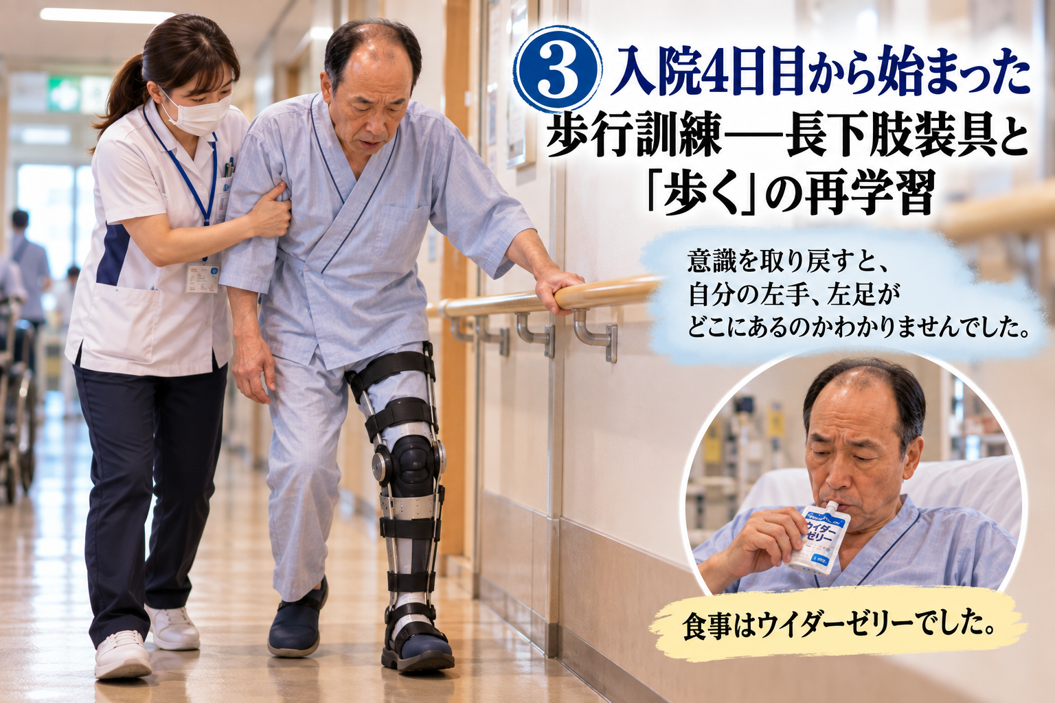 左脚に長下肢装具を装着し、介助を受けながら手すりで歩行訓練をする様子とゼリー食のイメージ