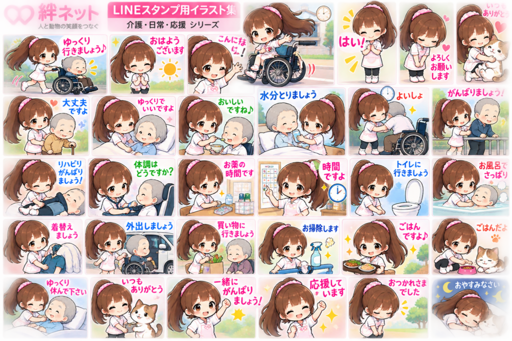 絆ちゃんが様々な介護をするLINEスタンプ用イラスト集