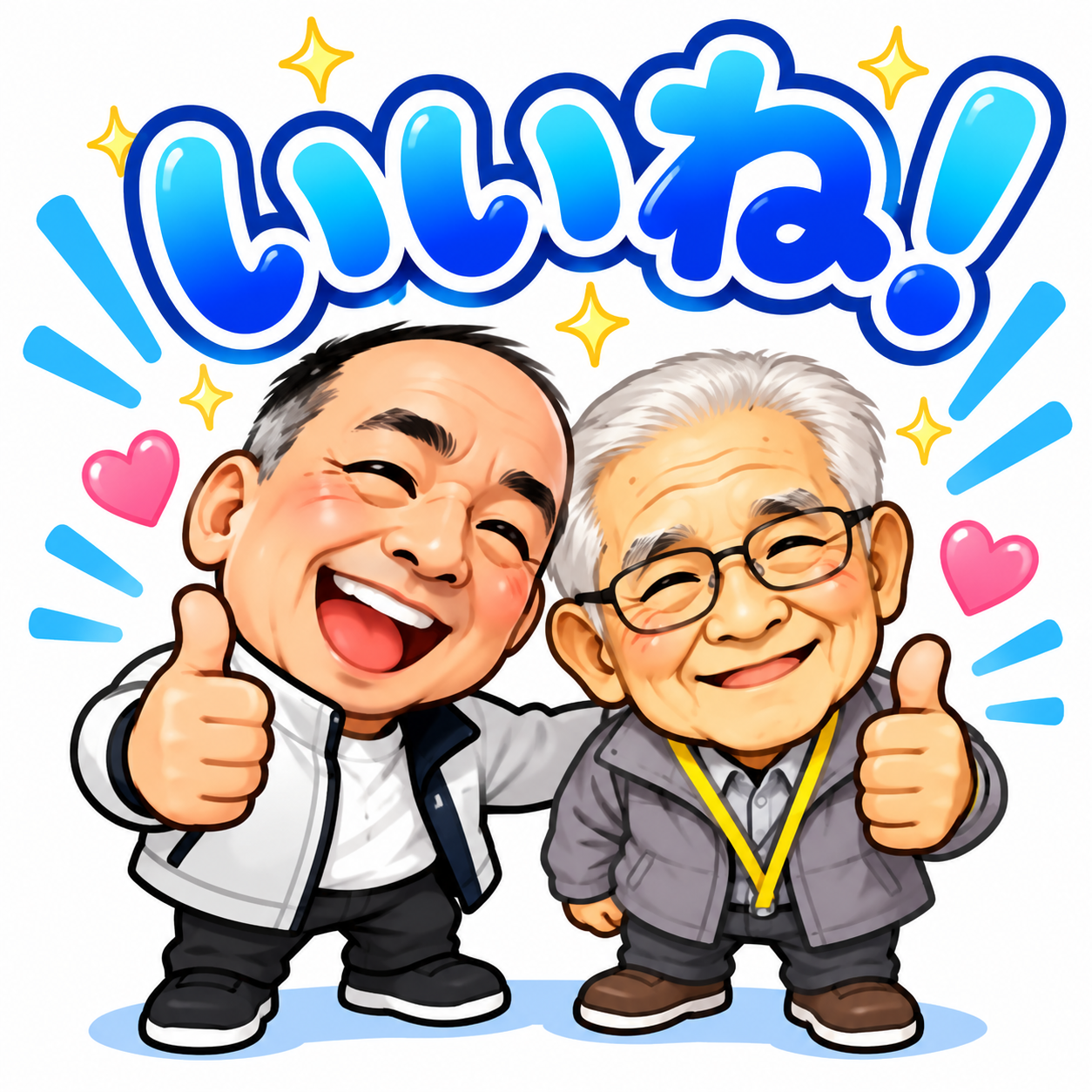 小川さんと渋谷さんの二頭身イラスト、青い文字でいいね!