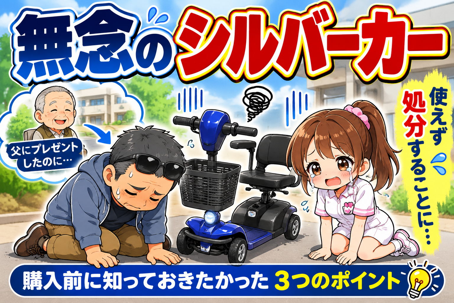 電動シニアカーを前に小川と絆ちゃんが膝をついて落胆するイラスト