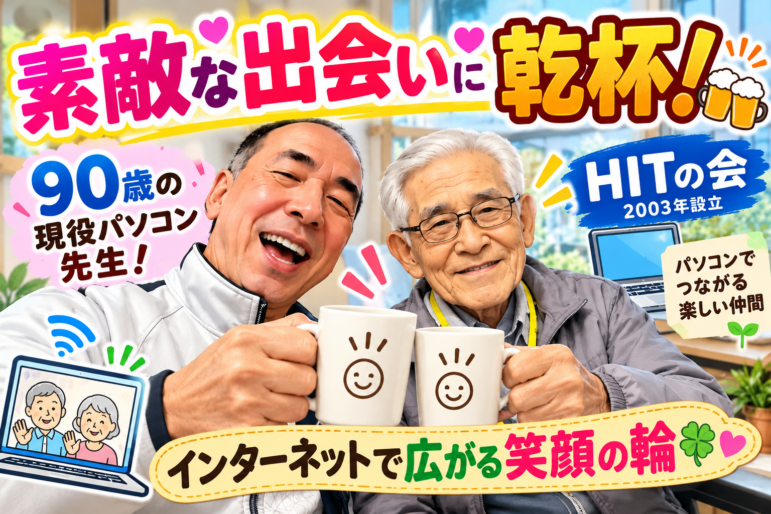 小川さんと90歳の渋谷さんが笑顔でマグカップを合わせる、素敵な出会いに乾杯のサムネイル