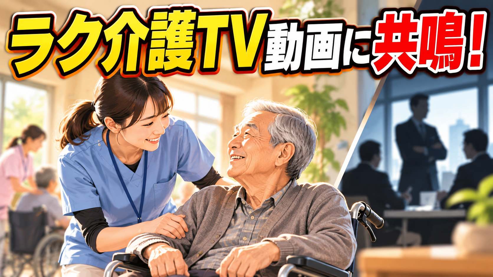介護士が車椅子の利用者に寄り添うイラスト。ラク介護TV動画に共鳴！